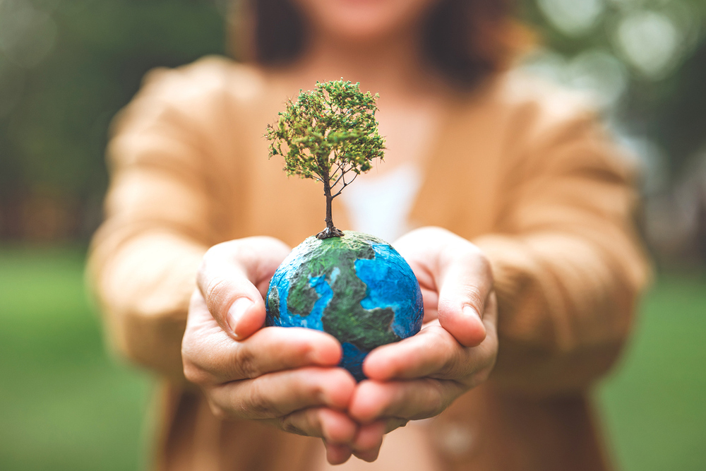 Frau hält Globus mit Baum darauf / iStock/oatawa Frau hält Globus mit Baum darauf